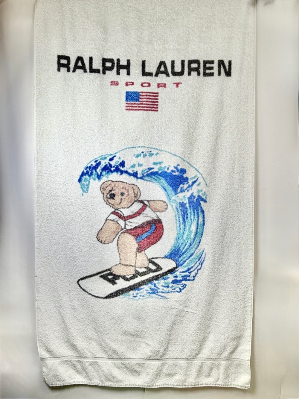 Vintage Ralph Lauren Polo Bear Surfing Beach Towel Large 69x35 Cotton - Picture 2 of 14